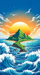 Retro Pixel Art Tropical Island Sunset and Ocean Waves