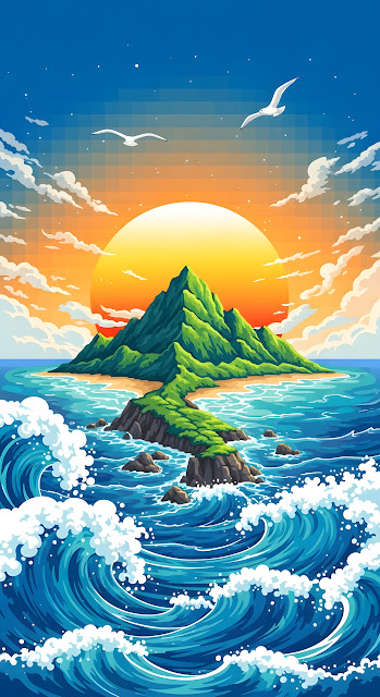 Retro Pixel Art Tropical Island Sunset and Ocean Waves - Free mobile Wallpaper