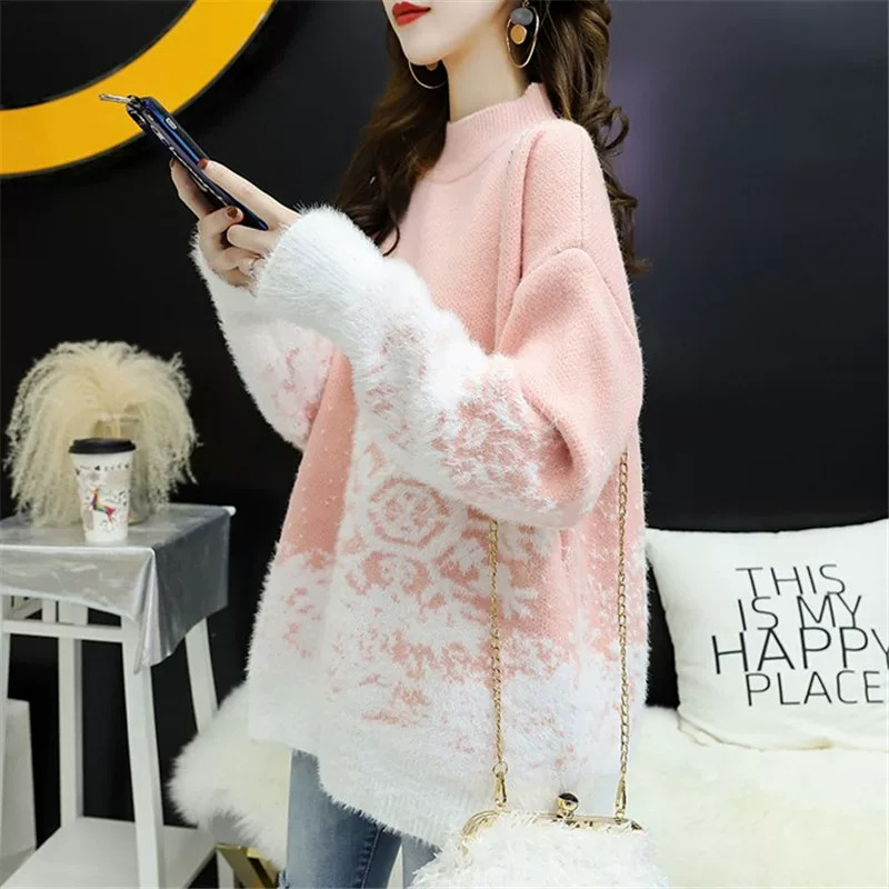 Knitted sweater with stand-up collar, snowflake pattern