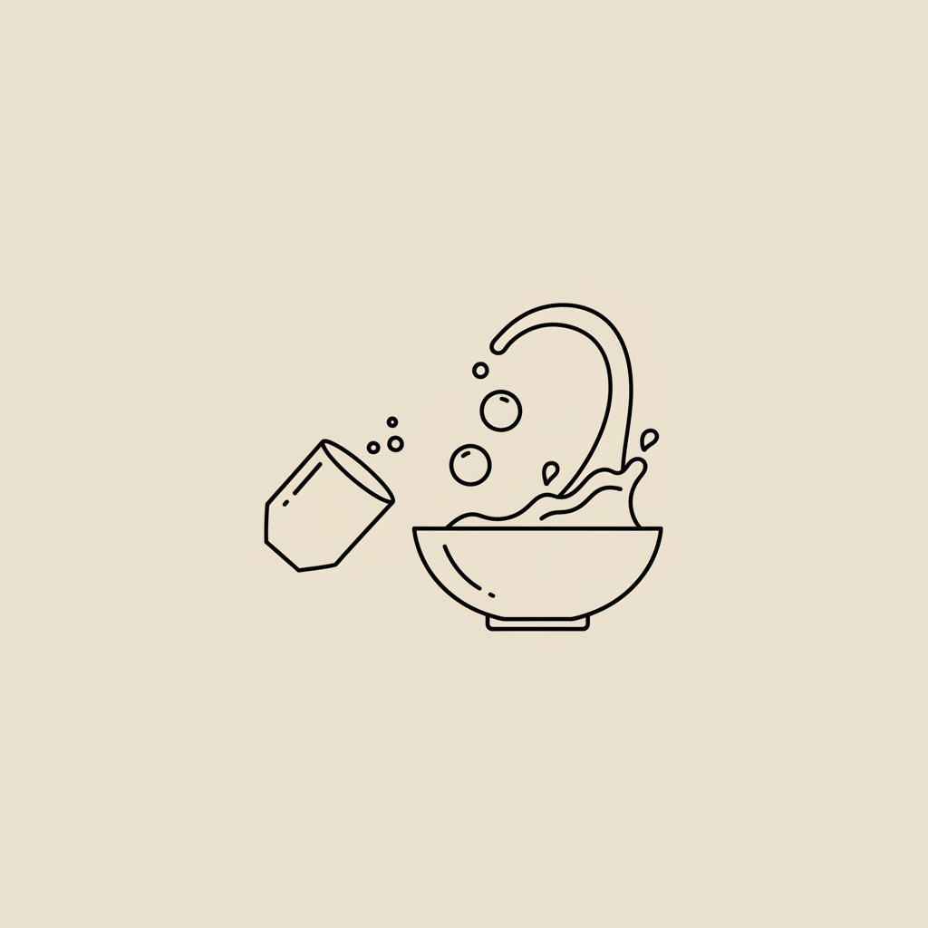 Minimal Tonum-style line illustration of a capsule pouring stylized berries and a milk splash into a bowl on beige background, representing whether protein powder safe to take every day