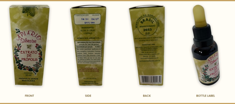 Apiário Silvestre Propolis Extract box sides and label