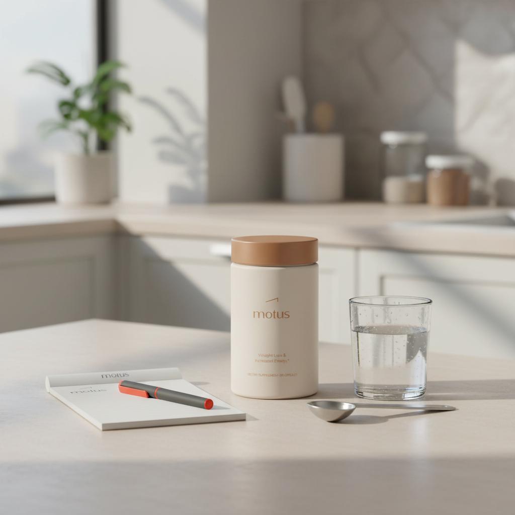 Minimal kitchen scene with Tonum Motus supplement jar beside a glass of water, measuring spoon and notepad for habit tracking — soluble fiber supplements