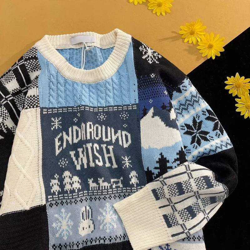 Retro knit sweater with cable pattern and bunny application