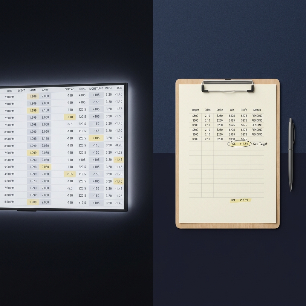 Split frame showing a market odds board and a clipboard projection spreadsheet showcasing finals mvp odds in a minimalist Funded Plays dark themed layout