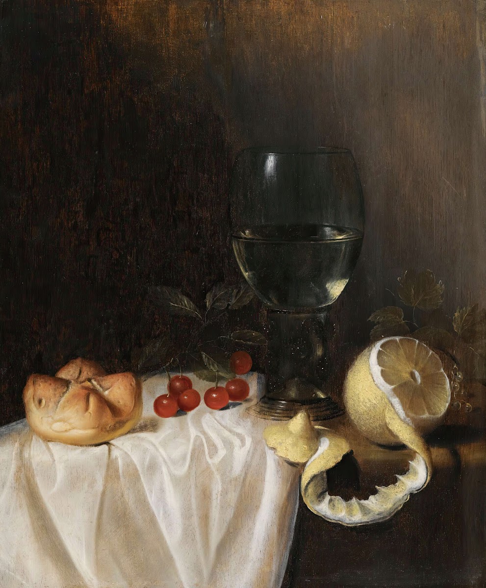 A Still Life With A Roemer A Peeled Lemon Cherries And A Bread Roll On A Partly