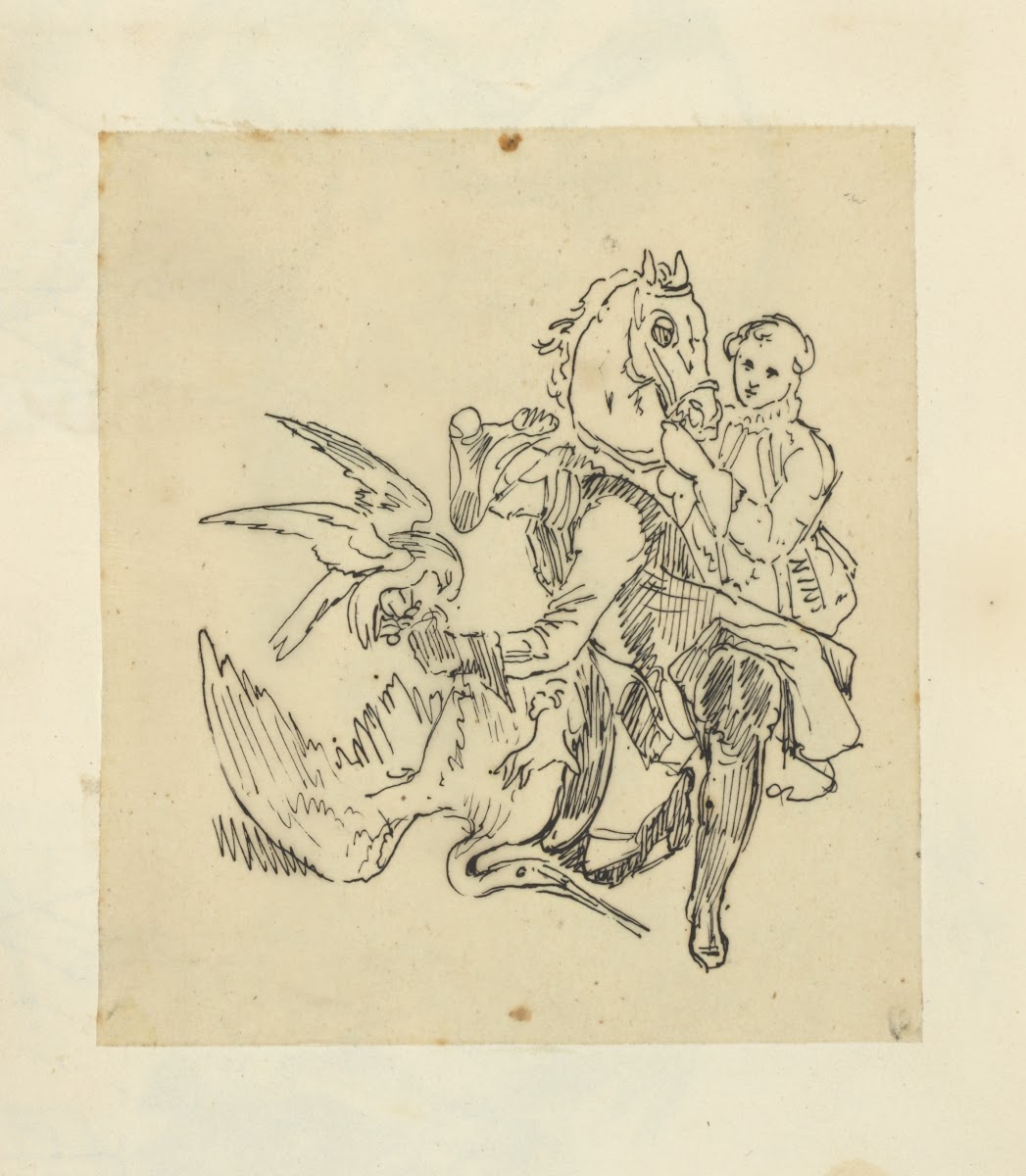 Man with falcon standing over a large bird and man with horse 1840