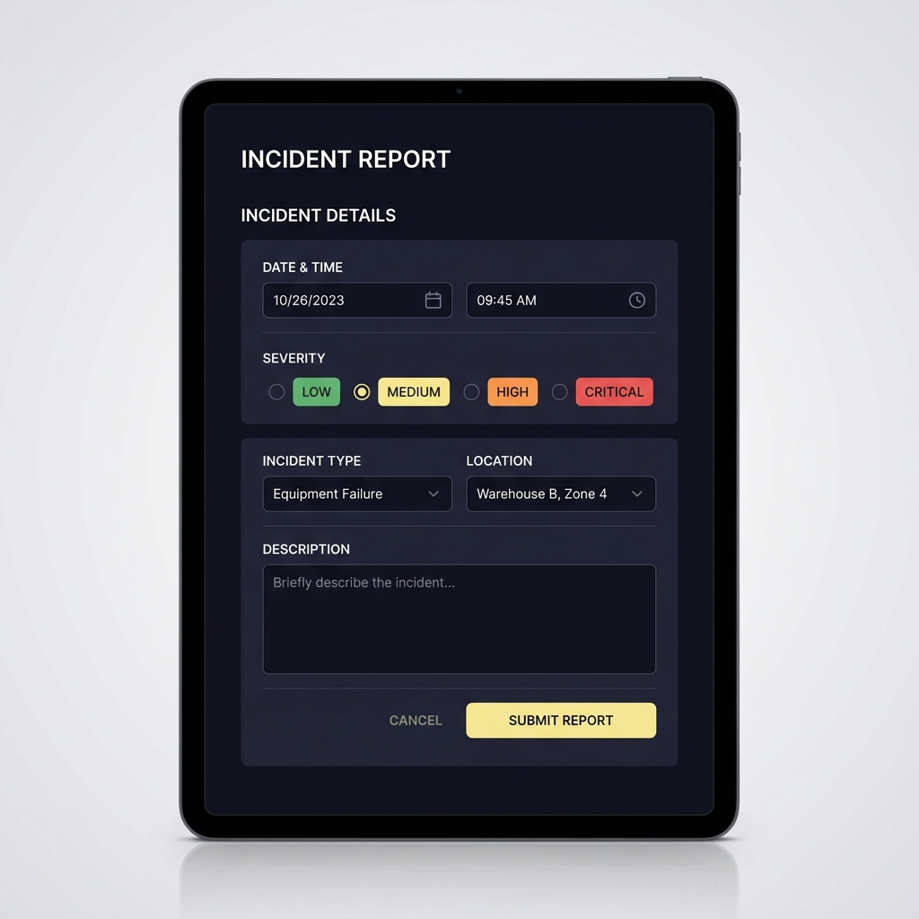 Close up of a tablet screen showing a minimalist standardized incident report form with picklists and severity fields for How to Track Rule Violations and Near Misses in Funded Plays brand colors