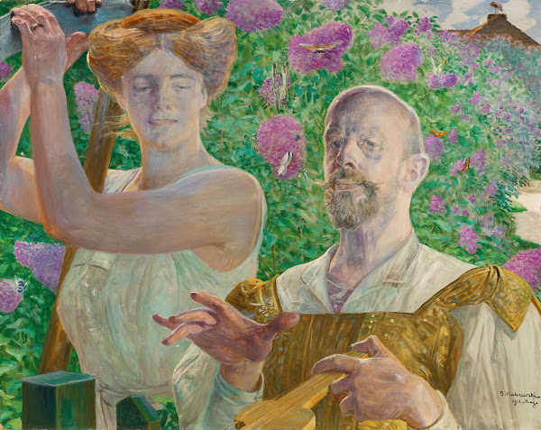 Self portrait with muse andbuddleia 1912