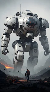 Explorer Facing Giant White Mech in Volcanic Wasteland