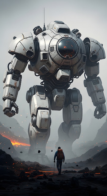 Explorer Facing Giant White Mech in Volcanic Wasteland - Free mobile Wallpaper