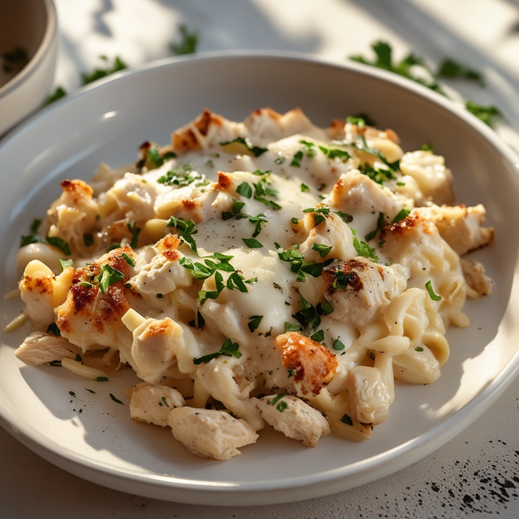 High-Protein Chicken Alfredo Bake for Easy Low-Carb Meal Prep with Creamy Garlic Sauce