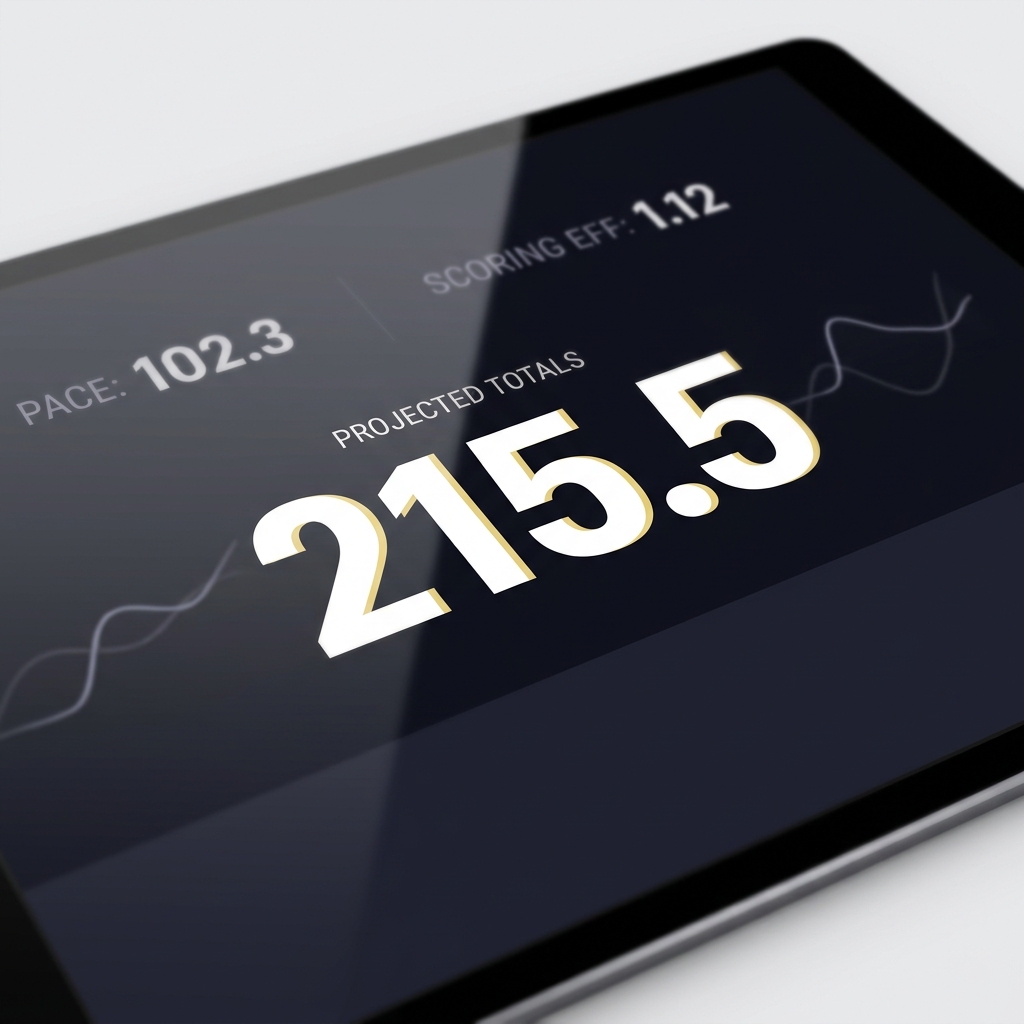 Close up tablet showing projected totals number with pace and scoring metrics in a minimalist Funded Plays UI How NBA Totals Markets Work