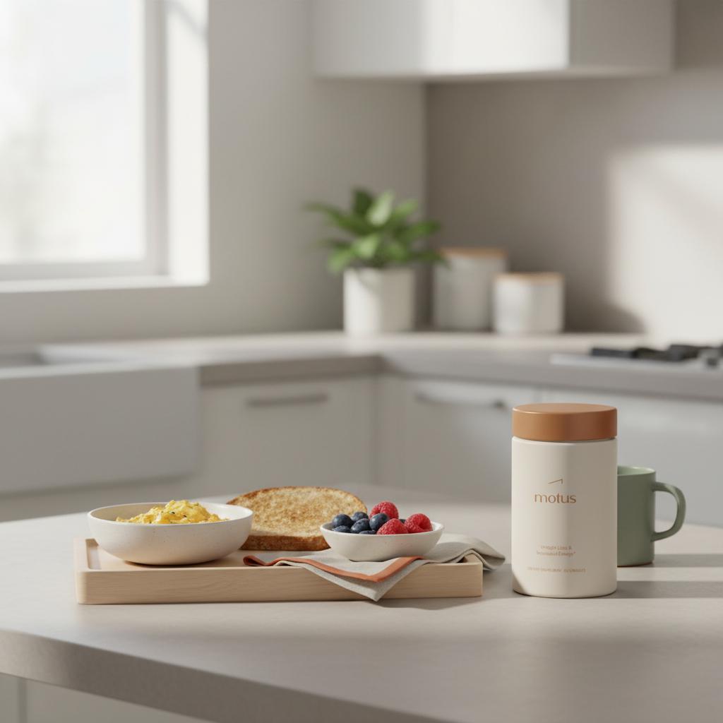 Minimalist kitchen scene with a protein-forward breakfast tray and Motus supplement container on a neutral countertop, suggesting morning metabolism support and healthy routine.