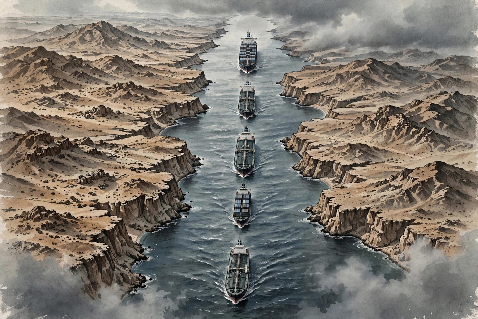 Illustration of cargo ships and tankers sailing through the narrow Strait of Hormuz