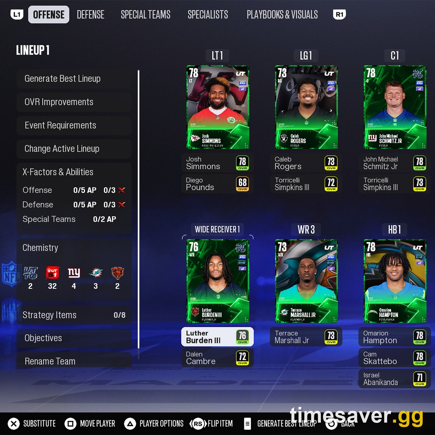 Madden NFL 27 Ultimate Team lineup screen with Team Chemistry counters and X-Factors used to build around your Ultimate Captain