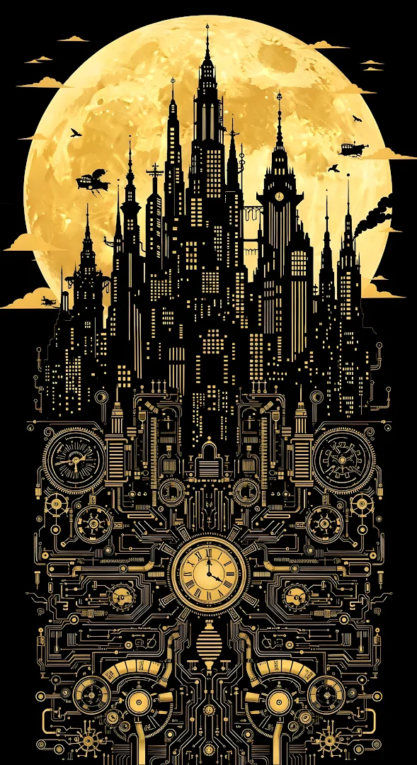 Steampunk City Silhouette Against Golden Full Moon