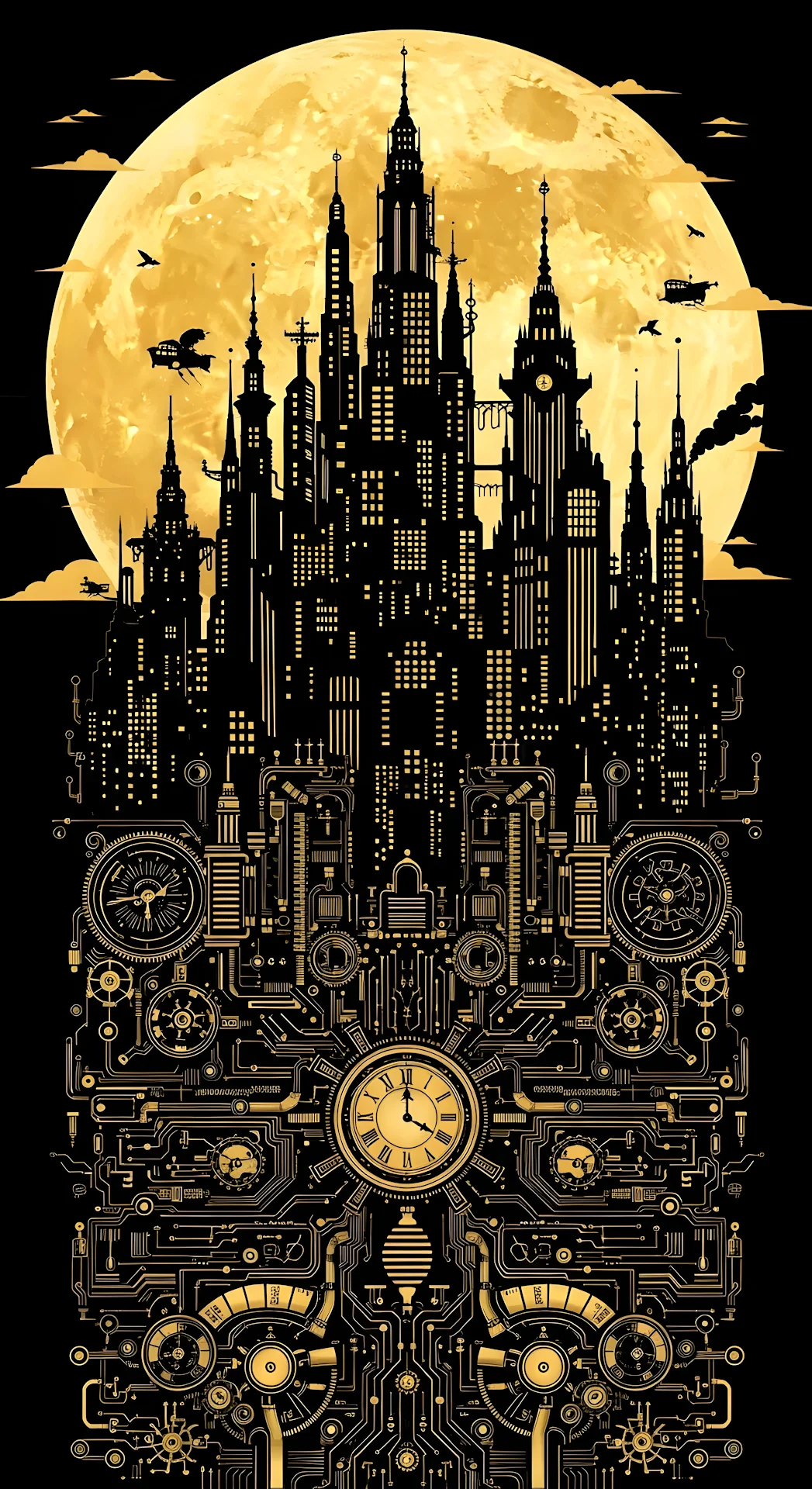 Steampunk City Silhouette Against Golden Full Moon - Free 4K mobile Wallpaper