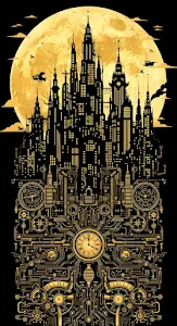 Steampunk City Silhouette Against Golden Full Moon