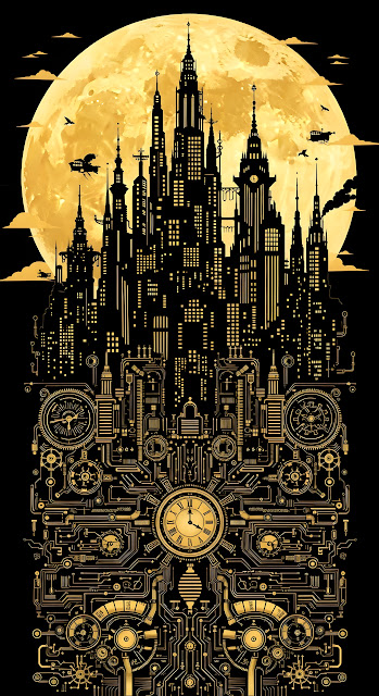 Steampunk City Silhouette Against Golden Full Moon - Free mobile Wallpaper