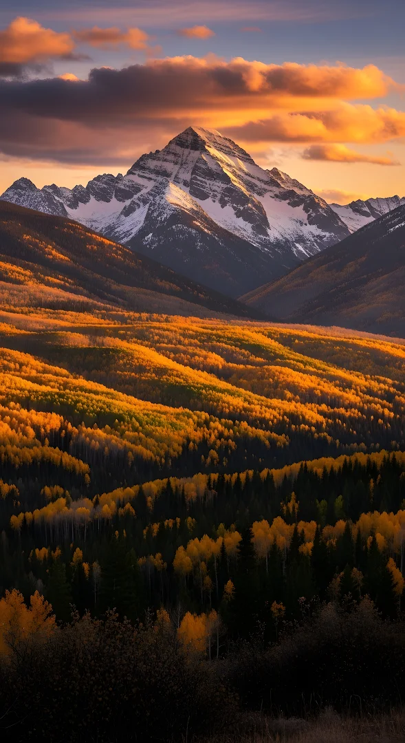 Snow-Capped Mountain Peak Over Golden Aspen Forest