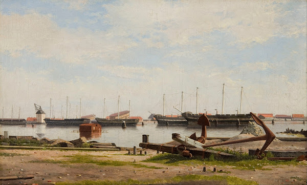 Parti af Nyholm med kranen og nogle krigsskibe 1826