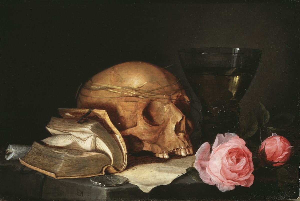 A Vanitas Still Life with a Skull a Book and Roses ca 1630
