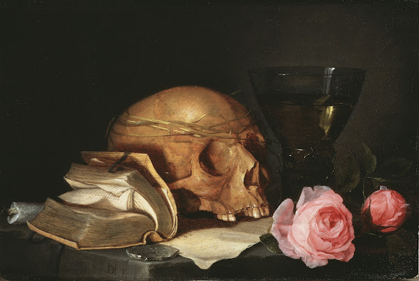 A Vanitas Still Life with a Skull a Book and Roses ca 1630