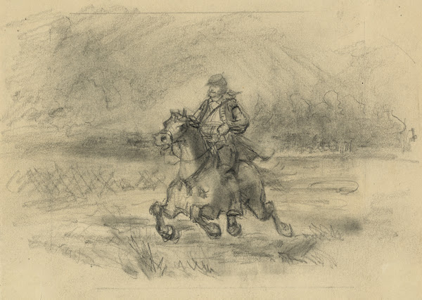 Horseman galloping across a battlefield 1860 1865