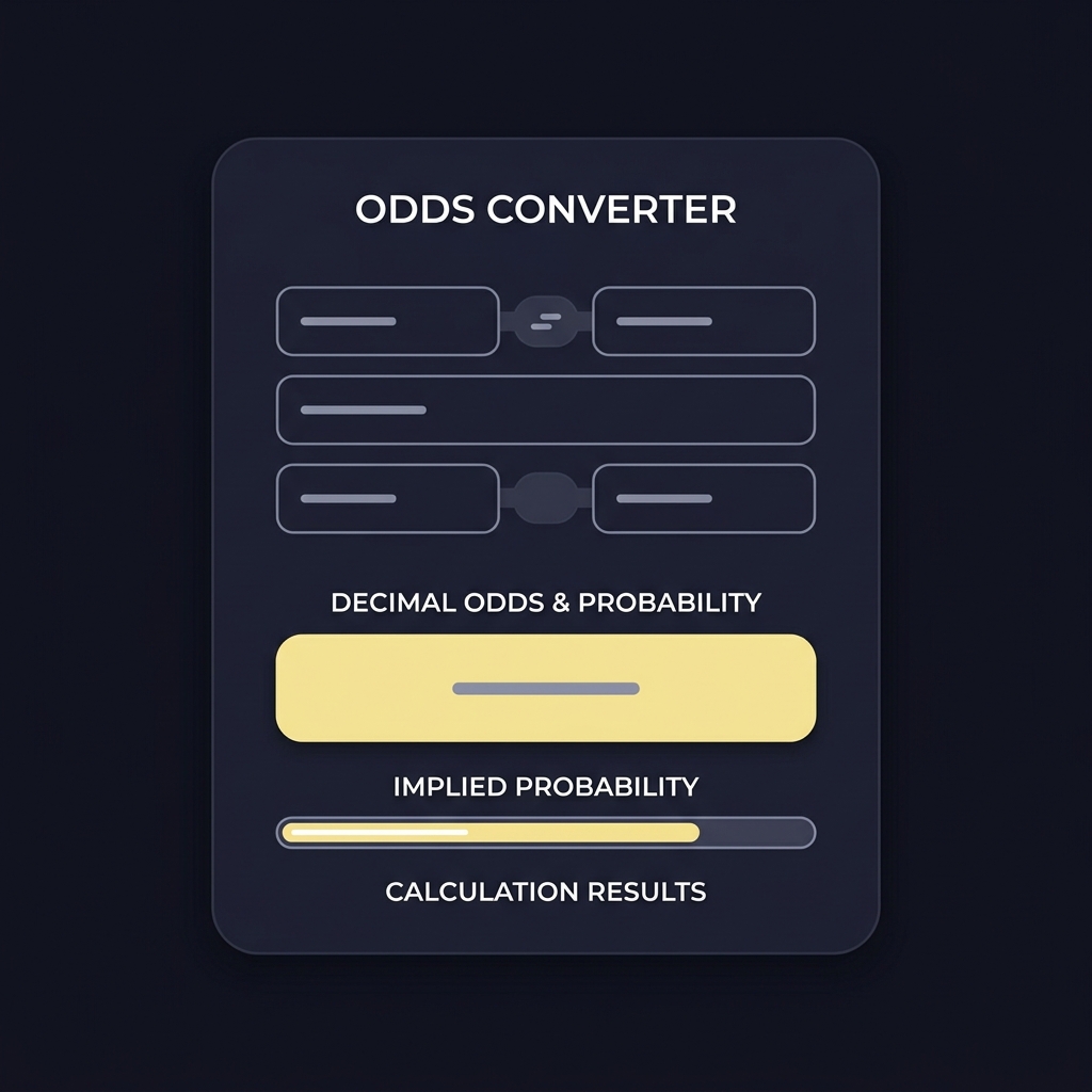 Minimal 2D vector sports odds converter calculator card on dark background showing rounded input fields for odds and stake a decimal output chip and an implied probability progress bar
