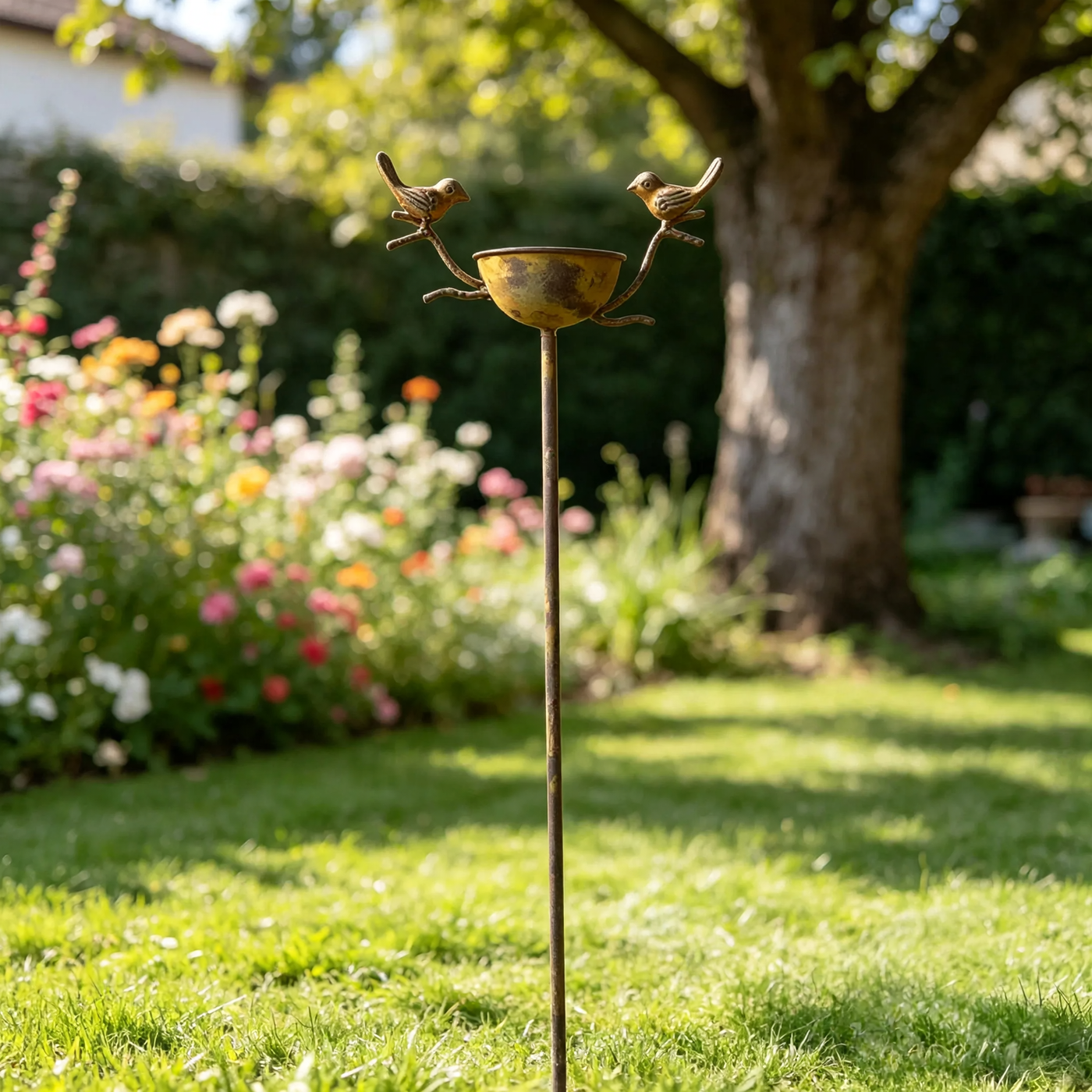 Garten-Vogeltränke aus Eisen mit Vögeln, Rost-Optik