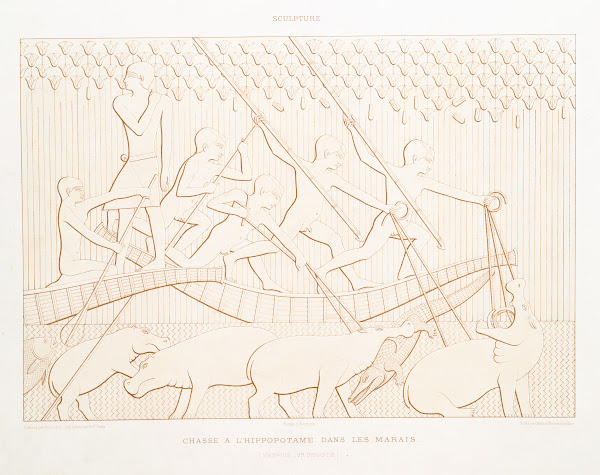 Dessin chasse à hippopotame dans les marais Memphis  VIe dynastie 1878