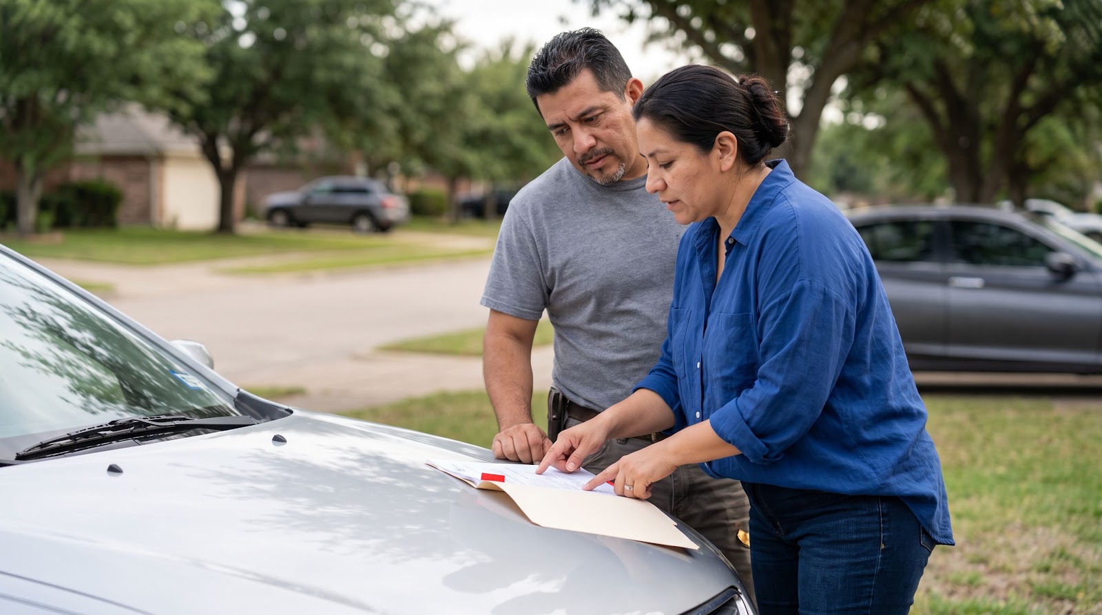 Pareja latina revisando opciones de seguro auto accidentes trafico texas junto a su carro en una casa de Texas