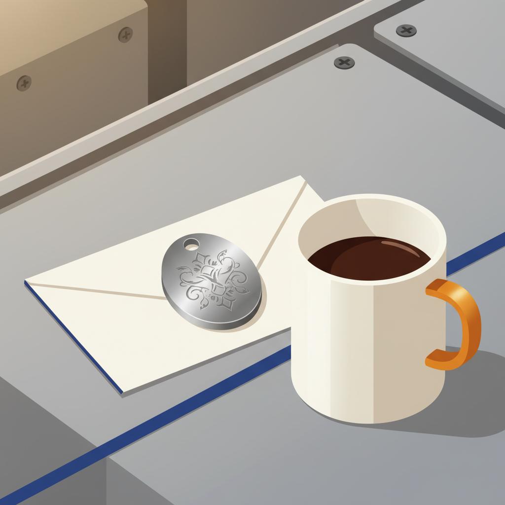 Detailaufnahme von Geschenken auf Tisch: gravierter Metallanhänger, offene Karte und Tasse Kaffee in minimalistischer 2D-Vektorillustration – glückwünsche zum 60. geburtstag mann