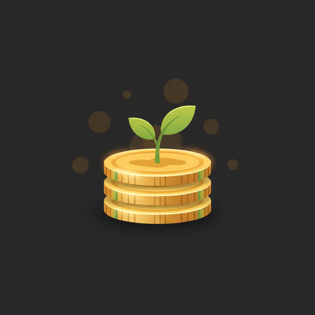 Minimalist 2D vector close up of stacked coins with a small green sprout emerging between them on a dark background 0f0f0f representing grow money fast concept