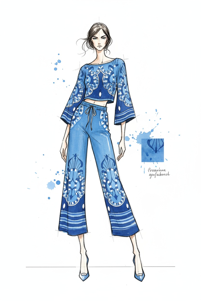 Harbor Azure Hudson top and pants — fashion illustration by Vera Fritsch