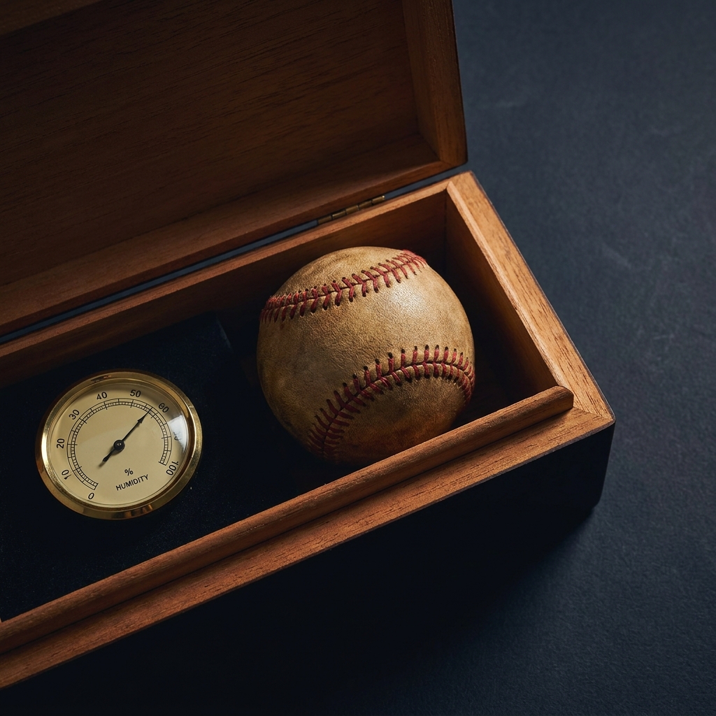 How Weather Influences Baseball Scoring close up of a baseball in a wooden humidor with a visible analog hygrometer soft lighting minimalist composition Funded Plays palette