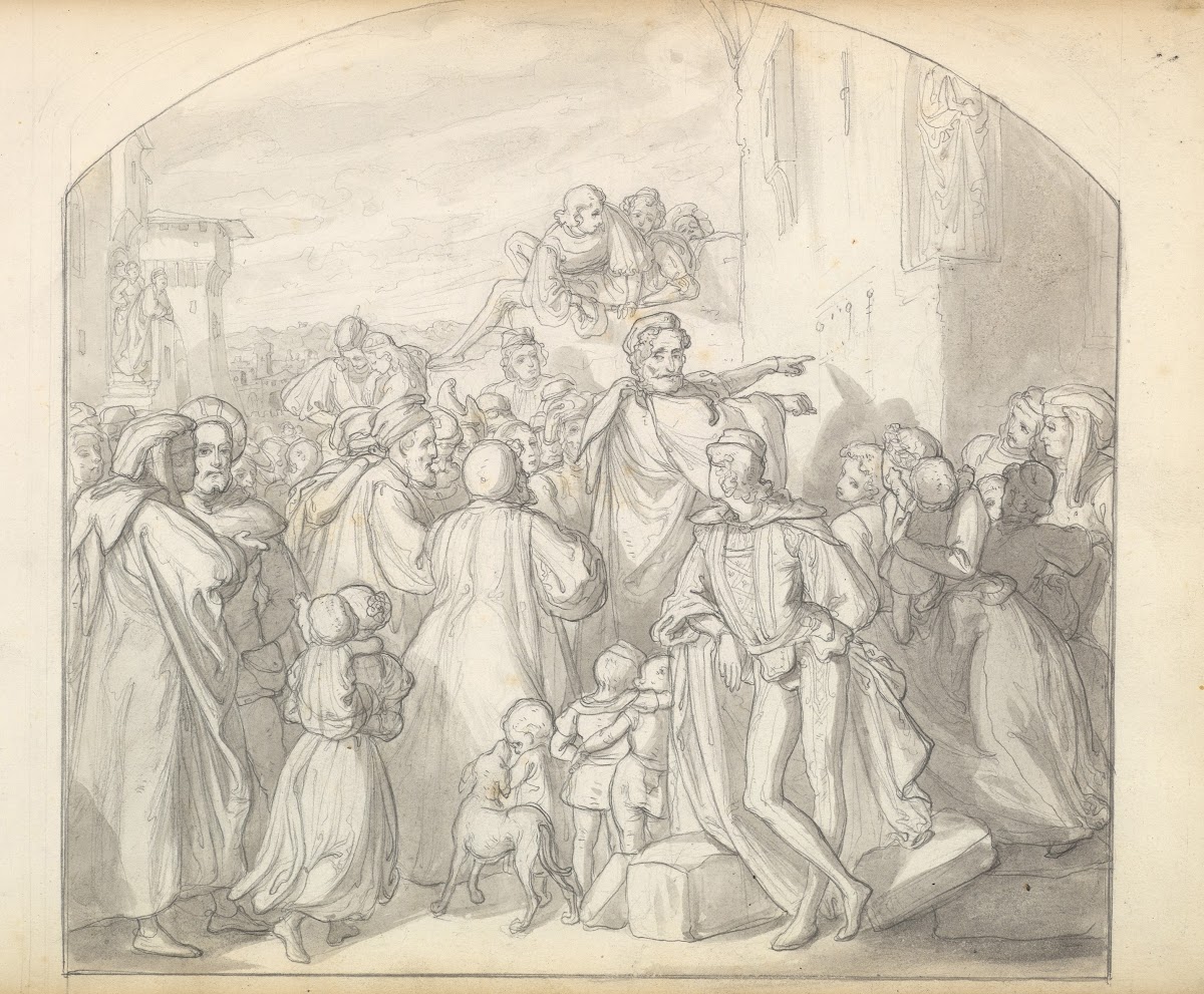 An Artist Drawing on Wall of a Church Watched by a Crowd ca 1849