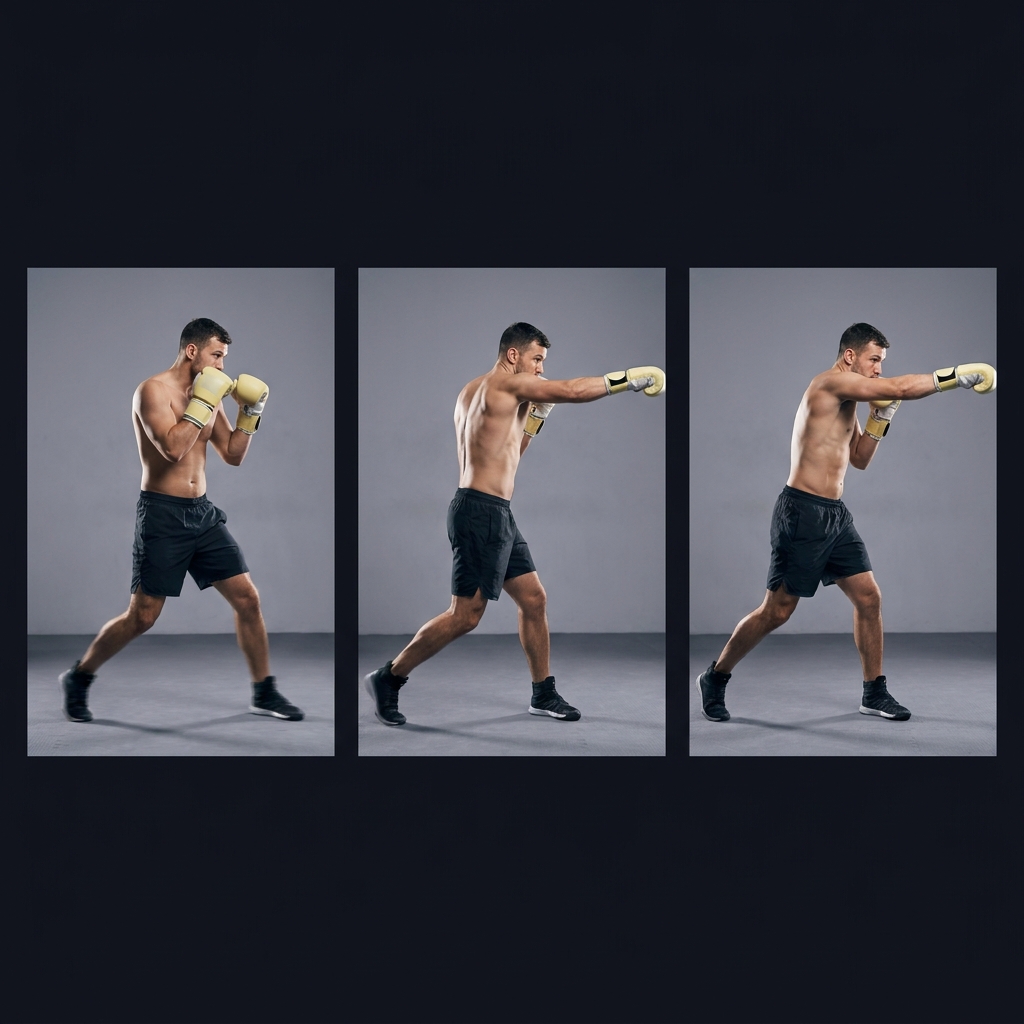 Triptych showing a boxer performing a pivot step to the outside and a rear hand follow through in a studio gym setting How Southpaw Matchups Change Fight Dynamics