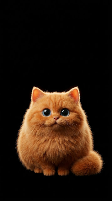 Cute Round Fluffy Orange Cat with Large Blue Eyes on Black - Free mobile Wallpaper