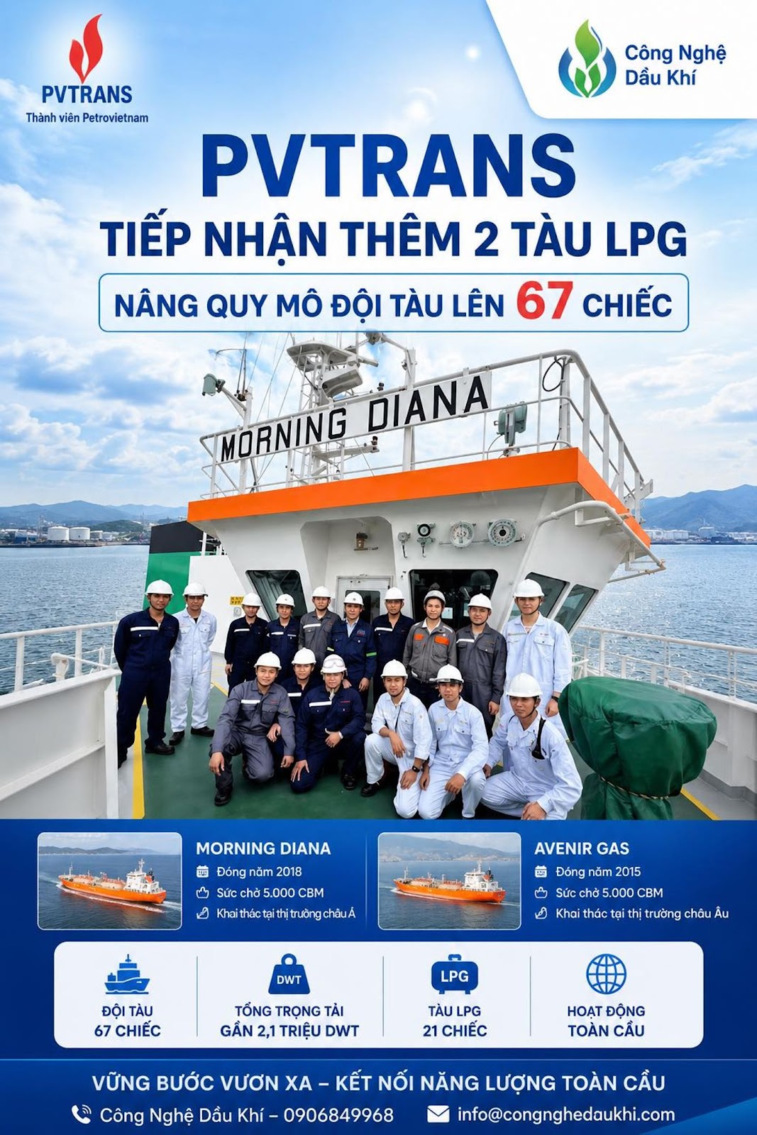 Có thể là hình ảnh về văn bản cho biết 'PVTRANS Thành viên Petrovietnam Công Nghệ Dầu Khí PVTRANS TIẾP NHẬN THÊM 2 TÀU LPG NÂNG QUY MÔ ĐỘI TÀU LÊN 67 CHIẾC ΗΊΑΝΑ MORNING MORNING DIANA 福 Đóng 2018 Sứccho5.000CBM Sứcch hở 5.000 CBM KhaithéctpithitrsingchàuA AVENIR GAS 首 Đóng 2015 chở5 5.000 CBM tại it th trường chấu Âu Khai DWT ĐỘI TÀU 67 CHIẾC LPG TỐNG TRỌNG TẢI GẮN 2,1 TRIỆU DWT TÀU PG 21 CHIẾC HOAT ĐỘNG TOÀN CẤU VỮNG BƯỚC VƯƠN XA KẾT NỐI NĂNG LƯỢNG TOÀN CẦU E Công Nghệ Dầu Khí- -0906849968 info@congnghedaukhi.com'