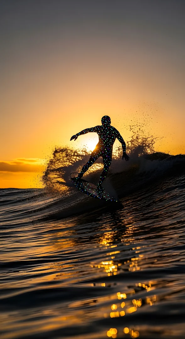 Glittering Surfer Silhouette Riding Ocean Wave at Sunset