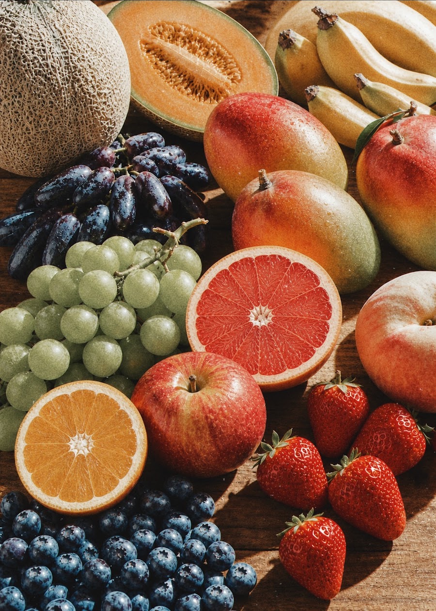 A table of ripe seasonal fruit — melon, mango, grapes, grapefruit, orange, strawberries and blueberries