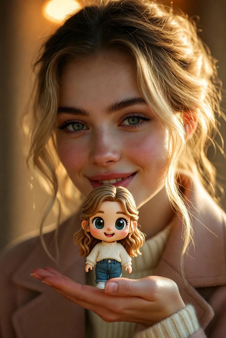 Retrato de una mujer elegante con una figurita de dibujos animados en miniatura.