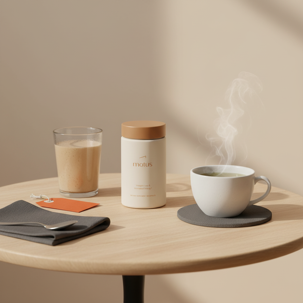 Which drink burns belly fat: Tonum Motus bottle beside a finished protein shake glass and a steaming cup of green tea on a round wooden table, minimalist wellness scene.