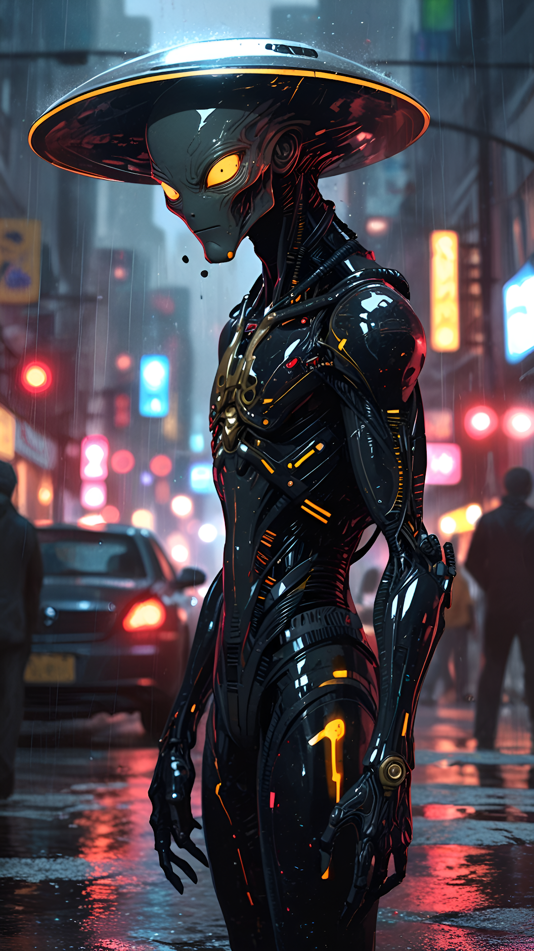 Alien Cyborg with UFO Hat in Rainy Neon City - Free 4K mobile Wallpaper