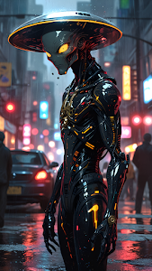 Alien Cyborg with UFO Hat in Rainy Neon City