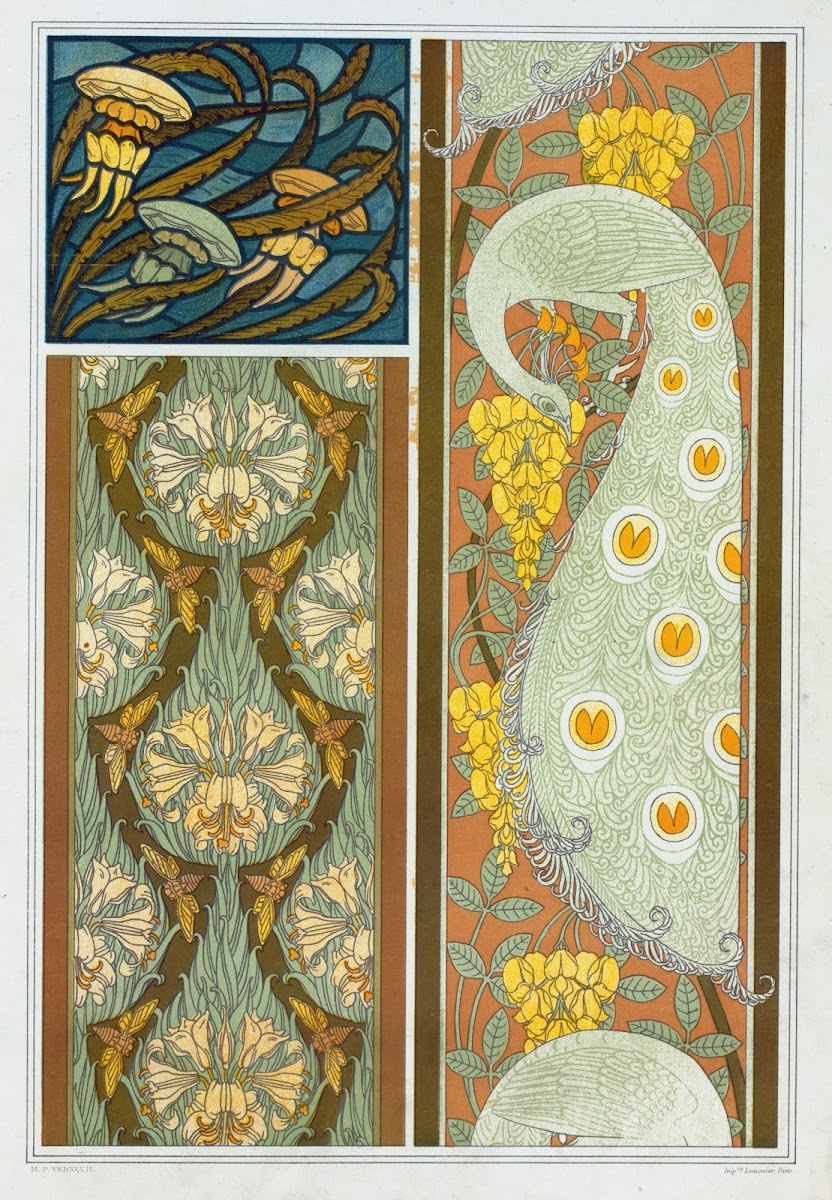 Méduses et algues vitrail Cigales et lis paons et cytise bordures 1897