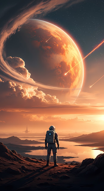 Astronaut Observing Massive Orange Planet at Sunset - Free mobile Wallpaper