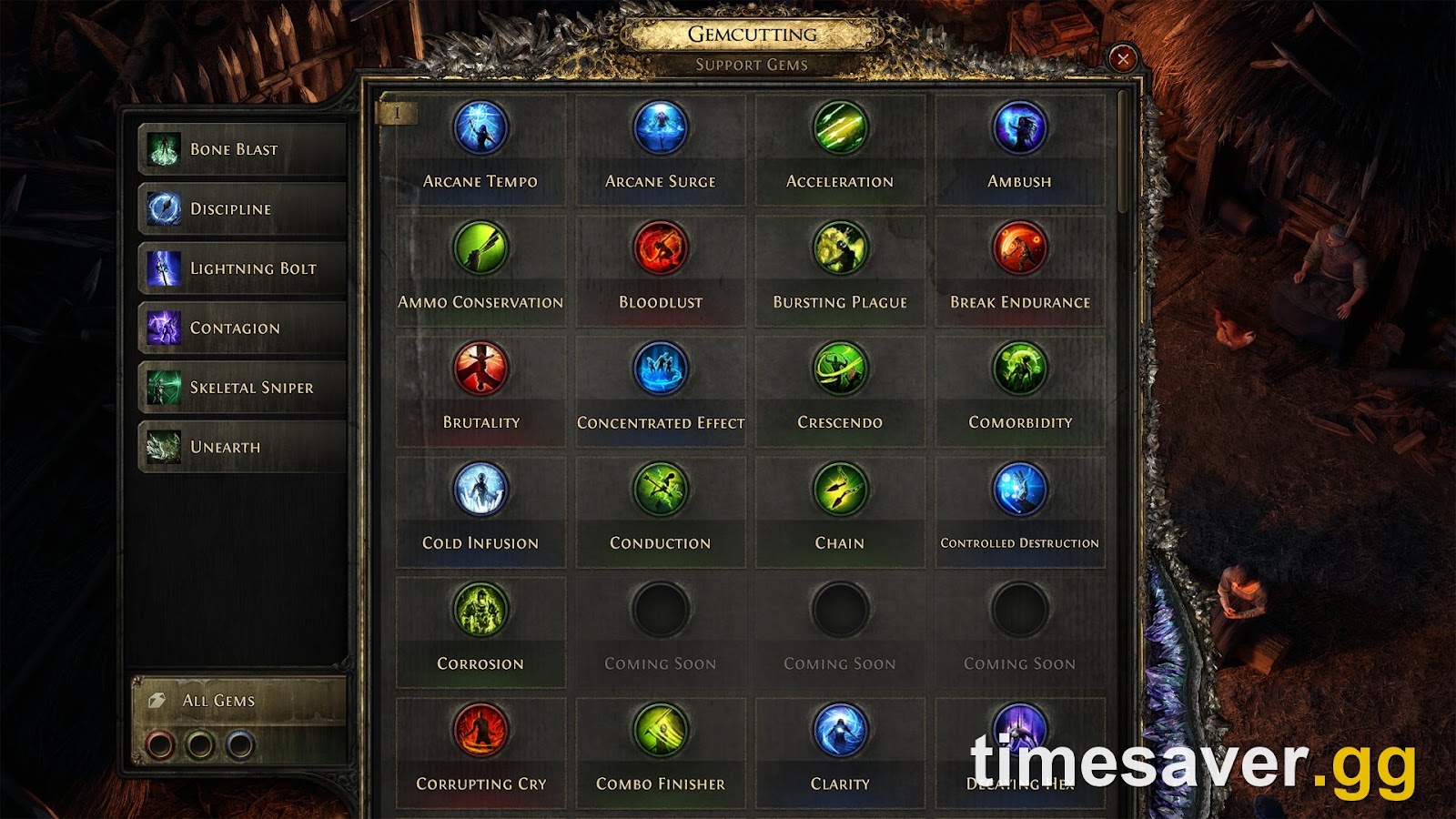 Path of Exile 2 gemcutting menu for engraving a support gem from an Uncut Support Gem