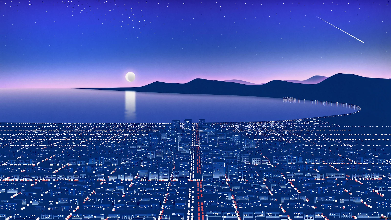 Retro Night City Ocean View - Digital Art Illustration 4K Wallpaper (3840x2160)